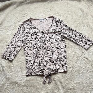 Reitmans Pink Animal Print Tie-Front Blouse | Button-Up 3/4 Sleeve Top